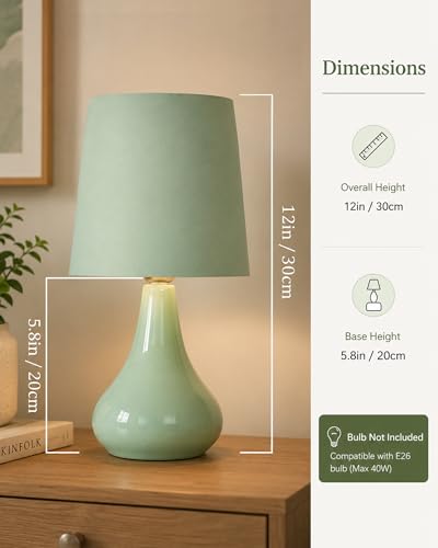 Image of Homesake Modern Small Ceramic LED Table Lamp, Classic Bedside Desk Lamp for Living Room Bedroom, Farmhouse Nightstand Lamps with Fabric Shade (Green)