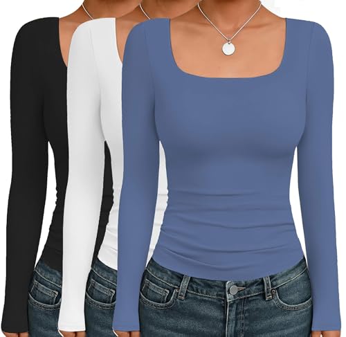 Ekouaer Womens 3 Pack Long Sleeve Shirts Square Neck Basic Tops Fitted Tee Thermal Undershirts XS-XXL