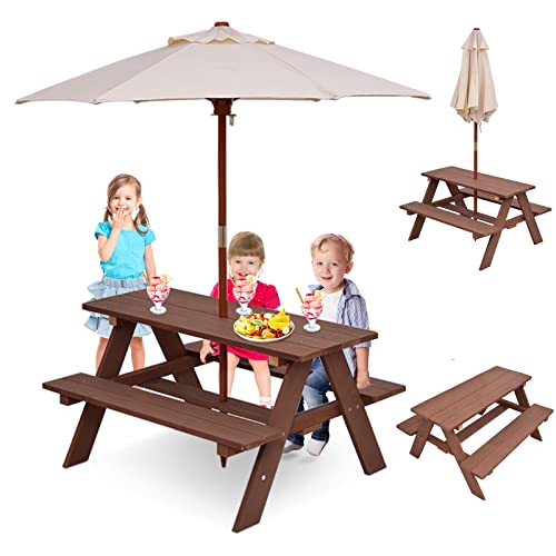 DREAMADE Table de Pique-Nique Enfant en Bois avec Parasol Amovible,Table Exterieur Enfants avec Banc,4 Places,pour Jardin,Terrasse,Patio,Balcon,89x79x50CM
