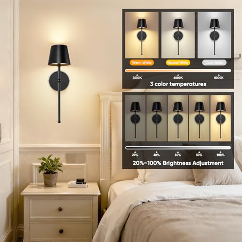 Kimjo 5200mAh Battery Operated Wall Lights Set of 2, Matt Black Rechargeable Wall Light Indoor, Cordless Wall Mounted Light with Remote, Dimmable Wall Sconce Light for Living Room Bedroom Corridor - Image 3