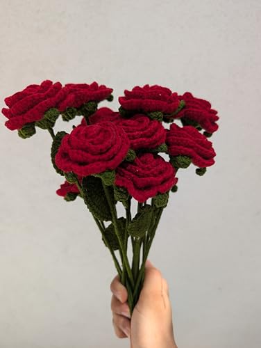 Image of Prapti Handicrafts Handmade Crochet Red Rose Artificial Flowers for Vase, Home Decoration (5, red Rose)