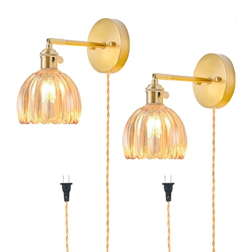 Image of Plug in Wall Sconces Set of 2, Vintage Wall Sconce Light with Tulip Amber Glass Lampshade, Bedroom Wall Sconce with Switch and Plug in wall lamp Cord, Gold Wall Light Wall Decor Set of 2