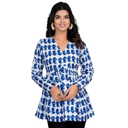 Image of LABEL ADRIJA Women's Cotton Floral Relaxed Short Kurti (ASK-0003-L-W White