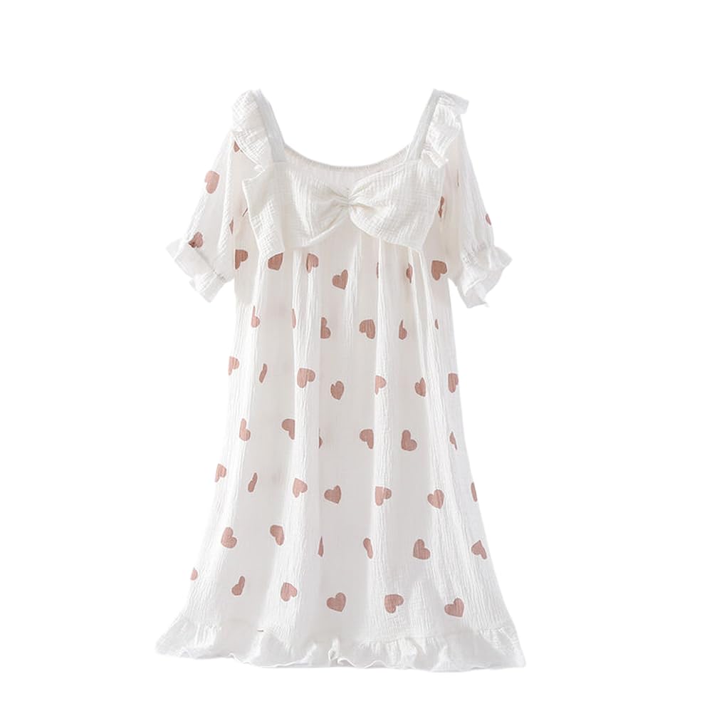 Camicia Da Notte Donna - Abito Lungo Estivo Da Donna A Maniche Corte Camicia Da Notte In Cotone Crêpe Sciolto Per La Casa Fiocco Carino Amore Abito Gonna Per La Casa Indumenti Da Notte Da Donna