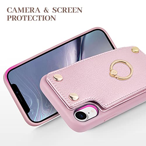 Lameeku Iphone Xr Case Wallet, Wallet Case For Iphone Xr, Kickstand Ring Holder Leather Case With Card Holder Slot Money Pocket 360°Rotation Metal Ring Grip Stand Cover For Iphone Xr 6.1'' Rose Gold #TOP5