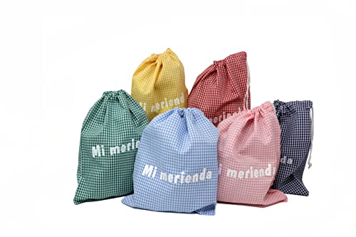 Bolsa merienda reutilizable con estampado vichy rojo. Bolsa de tela para alimentos, ideal comida almuerzo colegio niños. Porta-almuerzo ecológico para bocadillos, fruta, galletas