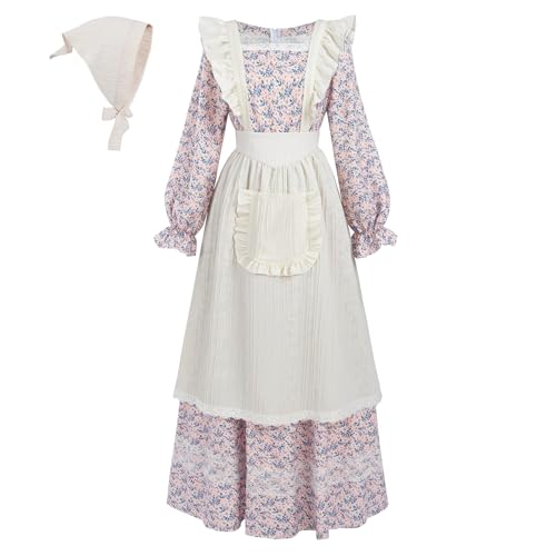LTAKK Colonial Dress - Disfraz de pionero para mujer, vestidos de peregrina de pradera con pañuelo en la cabeza y piñón, rosa y azul floral, talla L