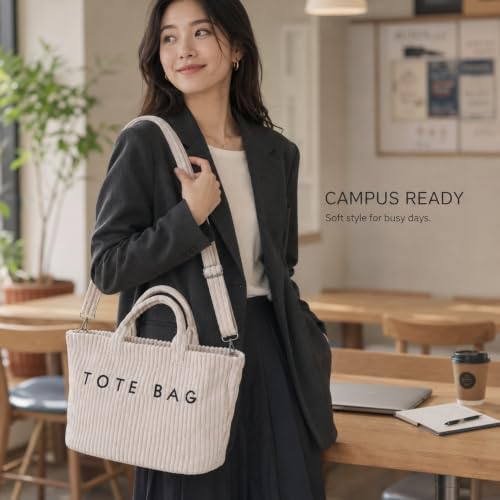 Image of Kawn Korean Tote Bag Aesthetic Corduroy Canvas Handbag for Women Zipper Casual Large Capacity Shoulder Bag with Pockets Versatile Everyday use for College Work Travel & Shopping