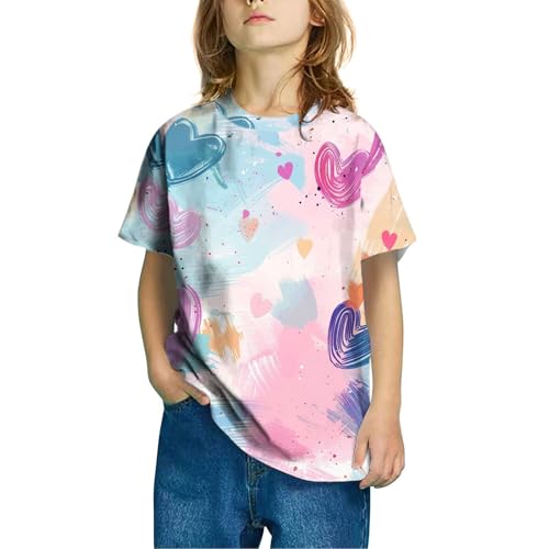 Girls Tie Dye Heart Print Short Sleeve T-Shirts Kids Summer Tops Loose Crewneck Casual Basic Tees for Boys 3-10 Years2