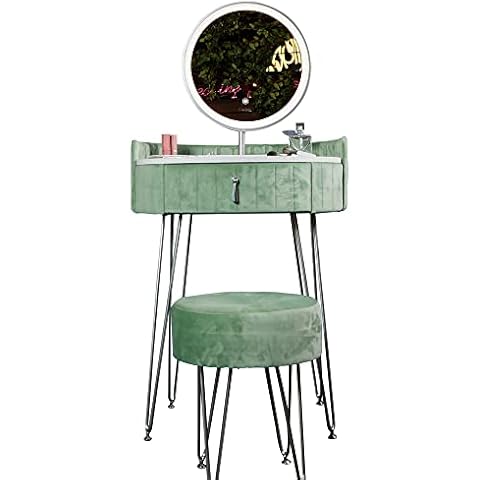 Comoda tapizada de Terciopelo Acolchado con 1 cajón, Luces de Espejo LED, Taburete, tocador, Maquillaje, Dormitorio (Verde Salvia) Cover