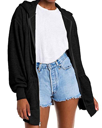 Auxo Veste à Capuche Femme Chic Gilet Zip Up Hoodie Manches Longues Sweat Casual Lâche Pullover de Sport 02-Noir M Cover