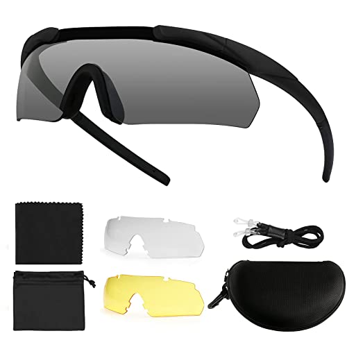 Feyachi Gafas de Protección, Gafas de Tiro Táctico con 3 Lentes Intercambiables, Gafas de Ciclismo Transparentes, Protección Ocular Resistente a los Impactos(Negro)