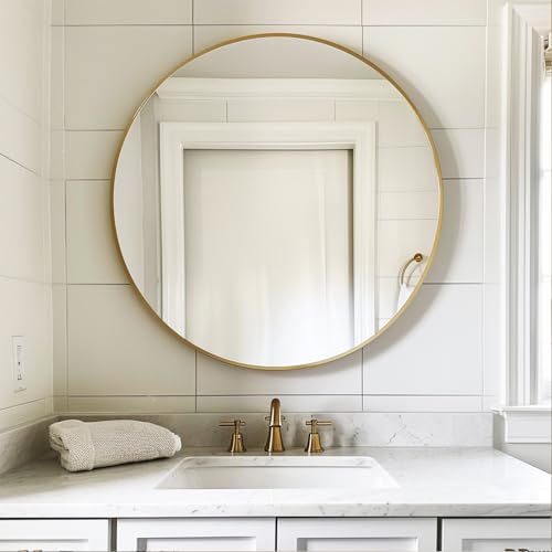 Image of Sunniry Gold Round Mirror, Circle Mirror 26 inch, Gold Circle Mirrors Brushed Metal Frame, Round Mirrors for Wall, Living Room, Bathroom, Entryway, Rustic.