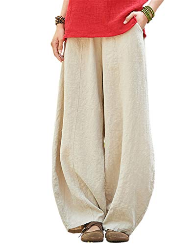 IXIMO Women's Casual Cotton Linen Baggy Pants with Elastic Waist Relax Fit Lantern Trousers Beige S