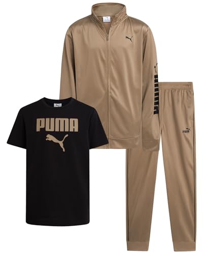 PUMA Boys Pants Set - 3 Piece Athletic T-Shirt Zip Up Jacket Jogger Pants - Boys Activewear Tricot Jogset (8-16) Size 8-9 Black/Brown