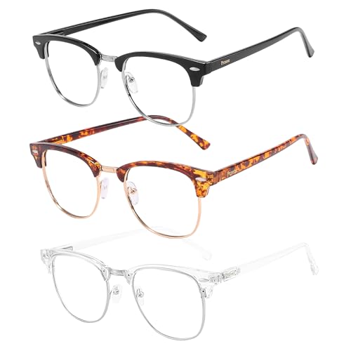 Image of Przene Blue Light Blocking Glasses for Men Women Retro Round Semi Rimless UV400 Computer Eyewear 3-Pack Black /leopard /transparent
