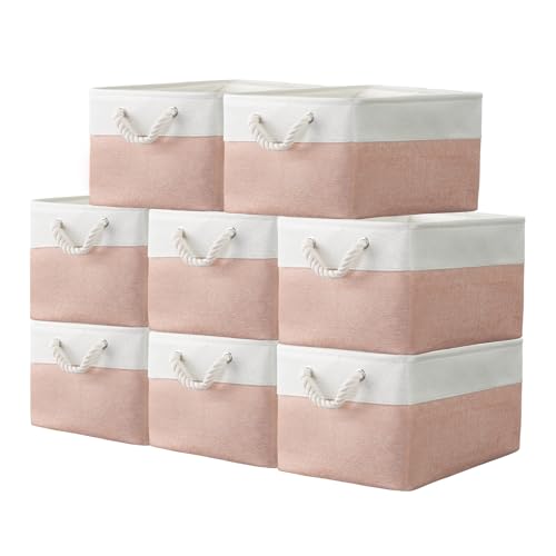 Image of 8 pack Storage Basket Bins & Decorative Baskets Fabric Storage Cubes Containers Bulk W/Handles for Office, Home, Books, Clothes, Bedroom, Closet (white/pink)