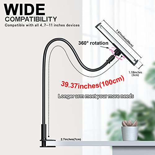 Image of Phone Holder for Bed,360 Flexible Lazy Tablet Stand for Desk,with Adjustable 39.4 inch Long Arm Clamp Bracket Mount Stand for 4.7~10.5 inch iPhone /iPad Air /Pro /mini /Tablet /Switch,Black