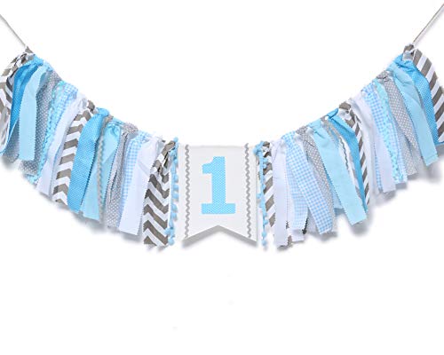 WAOUH 1st Birthday High Chair Banner - High Chair Decorations, Fabric Garland, Photo Booth Props, Souvenirs and Gifts (Light Blue)