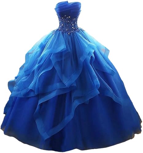 Fair Lady Prom Dress Long Ruffles Ball Gown Quinceanera Dresses Strapless Lace Beaded Princess Party Gowns Royal Blue