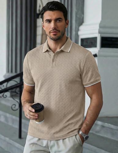 Image of JMIERR Mens Casual Polo Shirt Short Sleeve Vacation Button Summer Beach Knit Stretchy Golf Shirts