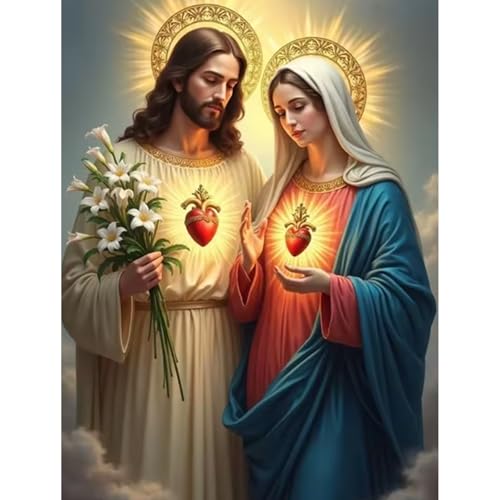 Paint by Numbers for Adults, 16x20 Inch Jesus and Mary with Sacred Hearts DIY Oil Painting Kit, Beginner Friendly Acrylic Paint by Number on Canvas, Home Wall Decor Gift Unframed