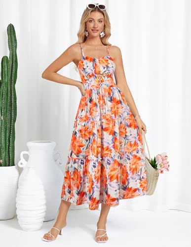 GRACE KARIN Women's Summer Floral Dress 2025 Spaghetti Strap Smocked Tiered Casual Boho Maxi Long Sundress with Pockets4