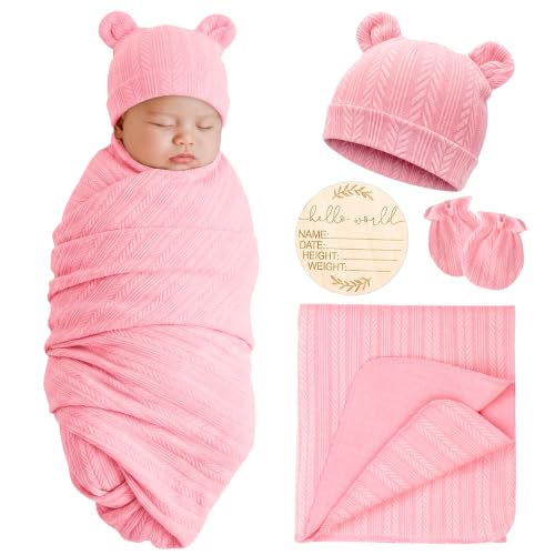 Image of AQOKKA Newborn Receiving Blanket with Bow Hat Mittens Set Nursery Swaddle Wrap Toddler Swaddles for Newborn Baby Boy Girl