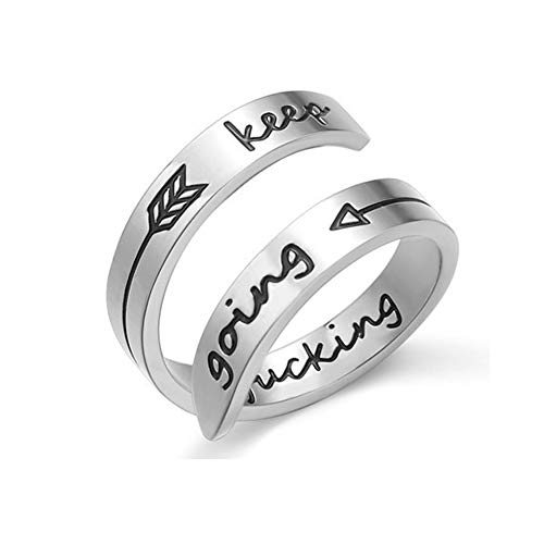 NewChiChi Inspirante Anillo, Grabado en anillo Keep Going, Ajustable Acero Inoxidable Anillo para Hombres Mujeres