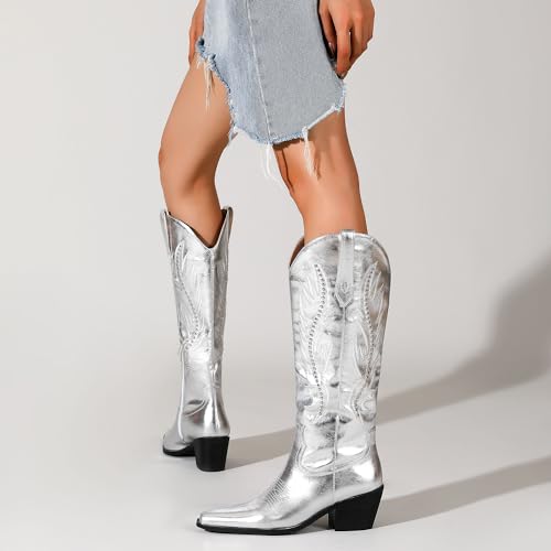 LingxiaUne Red Embroidered Cowboy Boots For Women Stylish Western Cowgirl Boot With Pointed Toe Chunky Block Heel Comfortable Shoes Mid Calf Boot For Party Prom Music Festival Pull On3