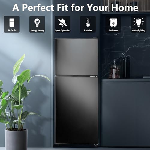 5.0 Cu.Ft Fridge with Freezer, Dual Door Refrigerator with 7 Settings Temperature Adjustable, Small Fridge for Dorm Office Apartment and Home (Black, 5.0 Cu.Ft)