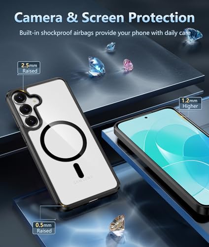 Image of FNTCASE for Samsung Galaxy S25-FE Case: Magnetic Clear Military Grade Drop Protection Anti Yellowing Cell Phone Cover - Rugged Shockproof Protective Bumper Transparent Phonecase(Black)