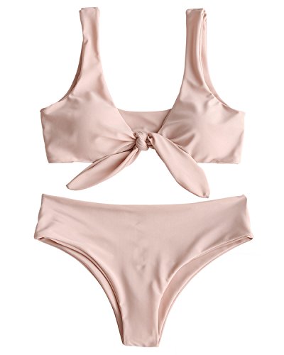 ZAFUL Women's Sexy Bikini Swimsuit Tie Knot Front Swimwear Set 2 Piece Bathing Suits Pink