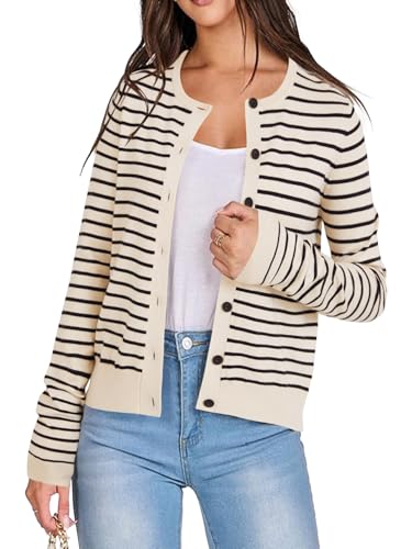 Image of LYANER Women's Striped Cardigan Crew Neck Button Down Open Front Long Sleeve Knit Cardigans Sweater