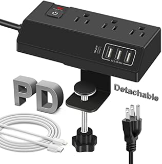 Desktop Surge Protector Power Strip - 20W PD USB C Fast Charger Port - Desk Clamp Power Strip Black Extension Cord with 4 USB Ports + 3 Outlet Socket - GLCONN Edge Mount Charging Station Plug Extender