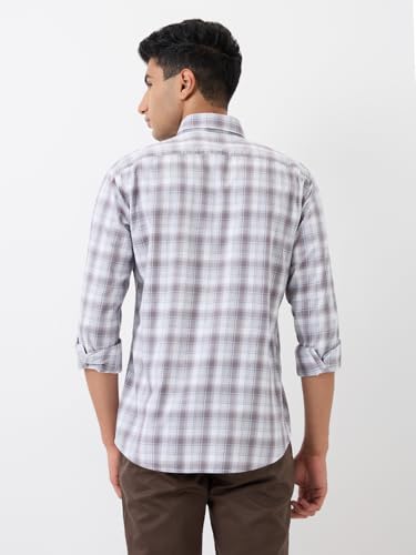 Image of Raymond Men Slim Fit Checks Pattern Pure Cotton Regular Collar Full Sleeve Casual Shirt Grey