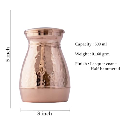 Image of Pure Copper Vedic Bottle /Vedic Jar with Lid (500 ml) | Handmade Hammered Copper Water Storage Pot | Ayurvedic Health Drinkware | Lacquer Coated |