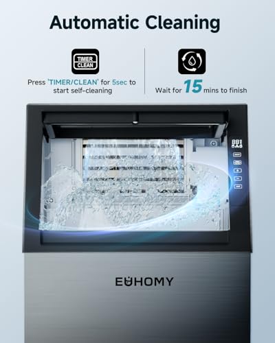 Image of EUHOMY Commercial Ice Maker Machine,100lbs /24H Stainless Steel Under Counter Ice Machine with 33lbs Storage Bin, Freestanding Ice Maker for Home /Bar /Cafe /Restaurant