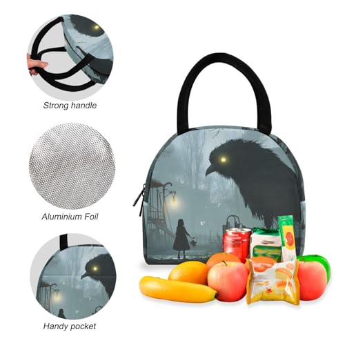 Backpack Lunch Bag Set Gothic Big Raven Print, Big Storage Travel Backpacks with Insulated Lunch Box for Office Hiking Picnic4