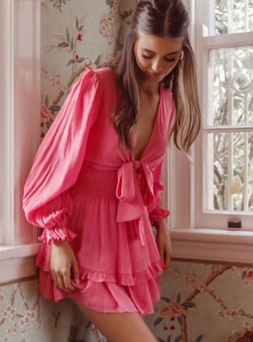 Image of AlvaQ Summer Dresses for Women Spring Long Sleeve A Line Ruffle Short Mini Dress V Neck Knot Front Swing Beach Sundress Rose X-Small