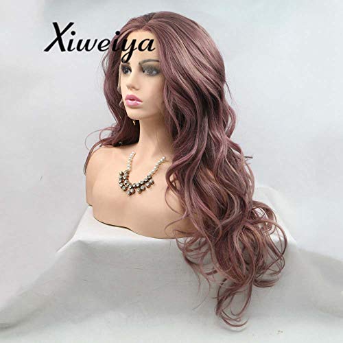 Xiweiya Smoke Purple Synthetic Lace Front Wigs Metallic Purple Rose Brown Natural Wave Wigs Heat Resistant Fiber Hair Wig Long Wavy Wig Middle Parting Cosplay Wigs - Image 2