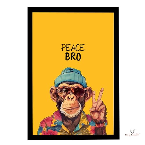 Image of MIRA MEST Peace Bro Wall Decor Frame, Chimp with Sunglasses Yellow Background, Ready to Hang Art Poster for Home, Office, Bedroom (Peace Bro Monkey)