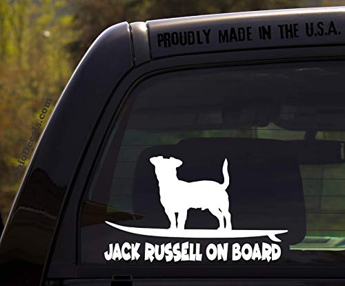 OhioDecals.com Jack Russell on Board - Funny Dog Breed Decal Sticker for car or Truck Window