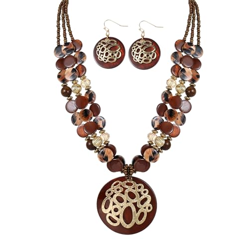 Gold/Silver plated Circle Metal Patterned Shell Pendant Necklace and Earrings Colorful Chunky Layered Shell Crystal Stone Beads Necklace Set for Women Leopard Print Brown Jewelry Set Gift
