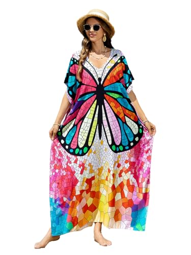 Image of sunforyou Kaftan Dresses for Women Plus Size Lightweight Swimsuit Cover up Batwing Sleeve Print Loungewear Beach Robe