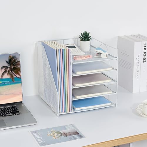 Desk Organizer with File Holder, Organisateur et Accessoire de Bureau, 5-Tier Paper Letter Tray, Mesh Desktop File Organizers, Organization and Storage for School, Home, Office (Wh image 5