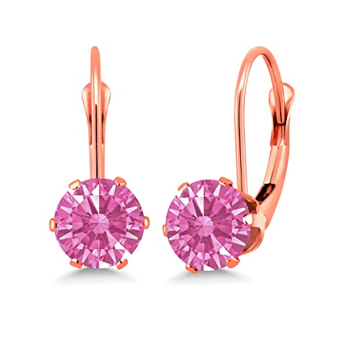 Gem Stone King Pink Zirconia Leverback Earrings For Women (1.68 Cttw, Gemstone Birthstone, Round 6MM)