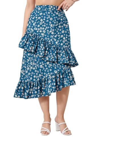 Image of OOMPH! Women Floral Printed Asymmetric Ruffled Midi Skirt | Elegant Flowy Fit | Mid-Rise | Lightweight & Breathable | Flared Hem | Summer Casual Skirt