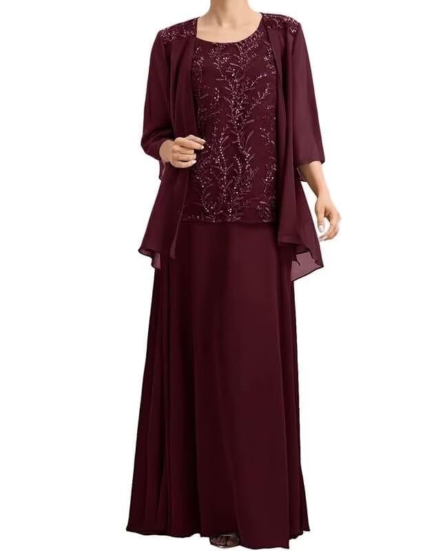 2 Pieces Mother of The Bride Dresses with Jacket Chiffon Lace Formal Wedding Guest Dresses 3/4 Sleeve Evening Gowns