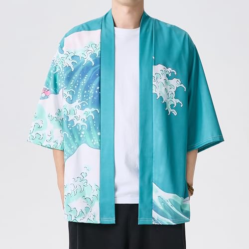 Image of Men's Japanese Kimono Robe Jacket Lightweight 3 /4 Sleeve Open Front Yukata | Silky Smooth Fashion Print Happi Coat Lightweight Breathable Loose Unisex Haori Casual Summer Cardigan Daily Beach Vacation